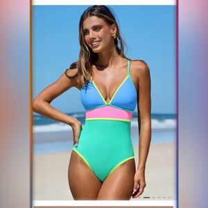 Popvil Color Block Patchwork One Piece Swimsuit